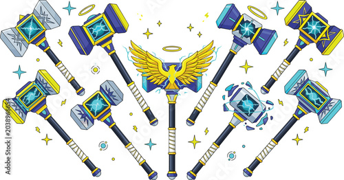 Slika na platnu Fantasy Divine Lightning Hammer Icon Set Featuring Holy Thunder Maces, Golden Ea