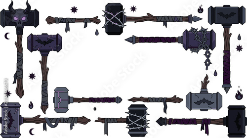 Billede på lærred Dark Gothic Vampire Weapon Icon Set Featuring Horned Skull War Hammers, Bat Cres