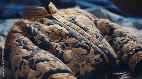 A photo of an embroidered jacket placed on a bed