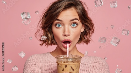 Young Woman Drinking Iced Coffee for Refreshing Summer Energy With Surprised Expression and Youthful Lifestyle Concept