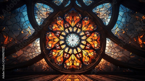 A photo of an intricate stained glass window.