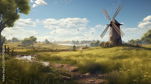 A photo of an old windmill in a field