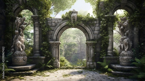 A photo of an ornate stone archway leading to a garden