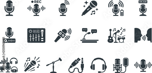 Fotografi Podcast and Audio Broadcasting Icon Collection Featuring Microphones, Live Strea