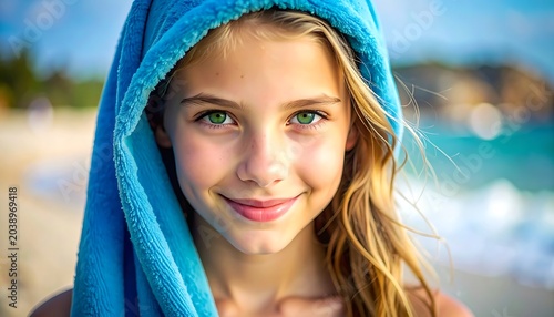 Close-up of a young girl wrapped in a blue towel, smiling with bright green eyes, on a sunny beach