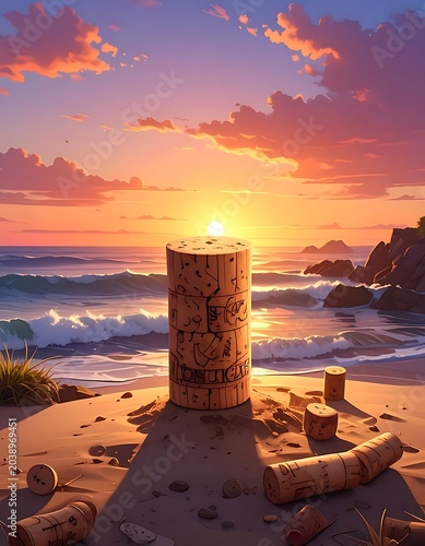 Corks on beach sunset