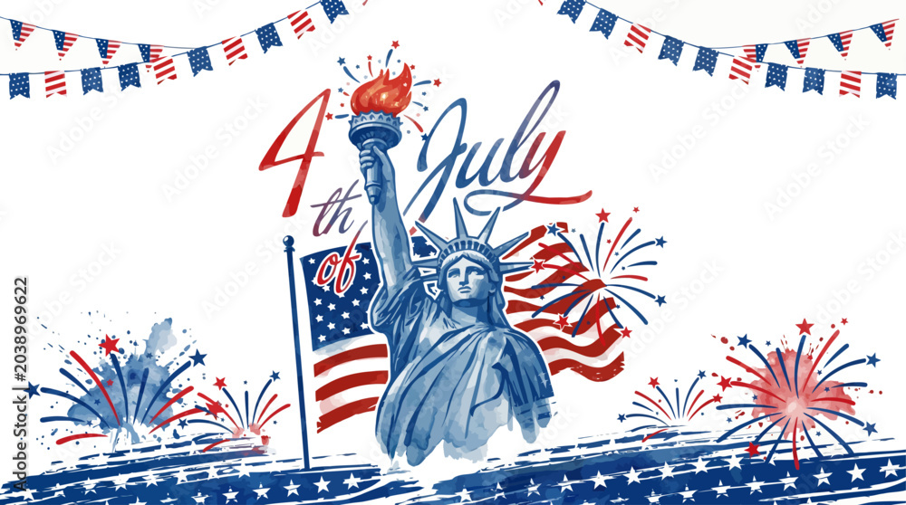Fototapeta premium 4th of July Celebration Statue of Liberty American Flag Fireworks