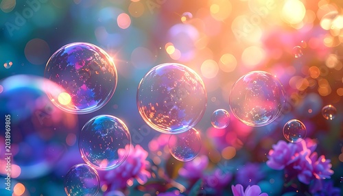 Ethereal bubbles float above blooming flowers, catching golden light in a dreamlike, colorful garden scene