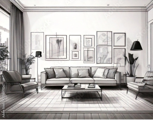 Foto Modern living room interior with artwork and furniture.