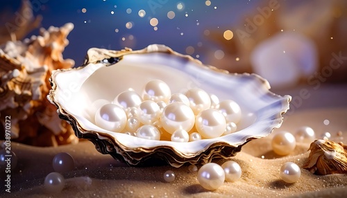 Lustrous pearls shimmer within an oyster shell on soft sand, illuminated by bokeh lights, exuding elegance