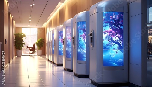 Modern hall with digital screens showing floral scenery, illuminated by natural light and smooth white floor tiles