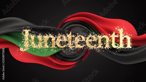 Juneteenth celebration animation with golden text and fluid waves