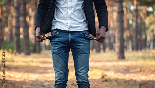 Man shows empty pockets in the woods, wearing jeans, a shirt, and blazer. Trees blur in the background