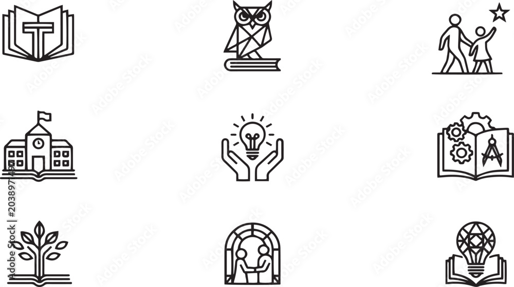 Fototapeta premium Set of nine educational and symbolic line art icons school learning