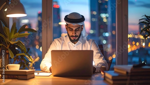 Man in traditional wear works on a laptop at a desk with a city skyline view during twilight hours