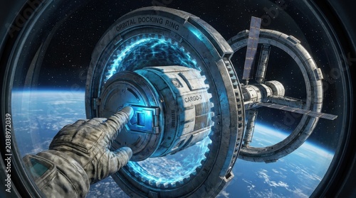 Astronaut reaching out to touch a futuristic orbital docking station in space