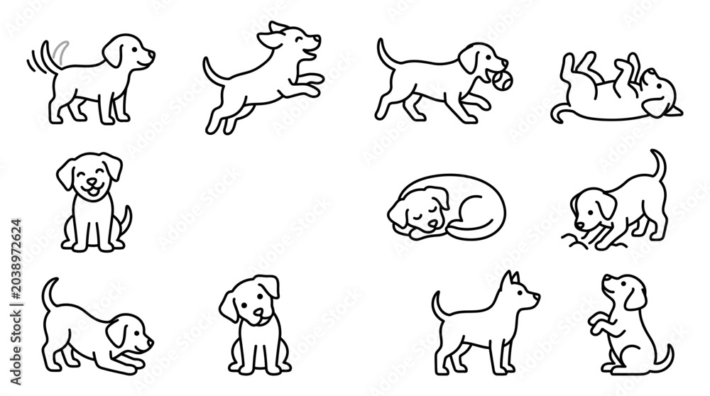 Fototapeta premium Set of Playful Puppy Character Outline Icons in Various Poses and Actions