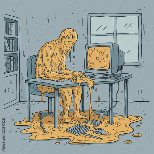 A gritty, textured illustration depicting extreme professional burnout