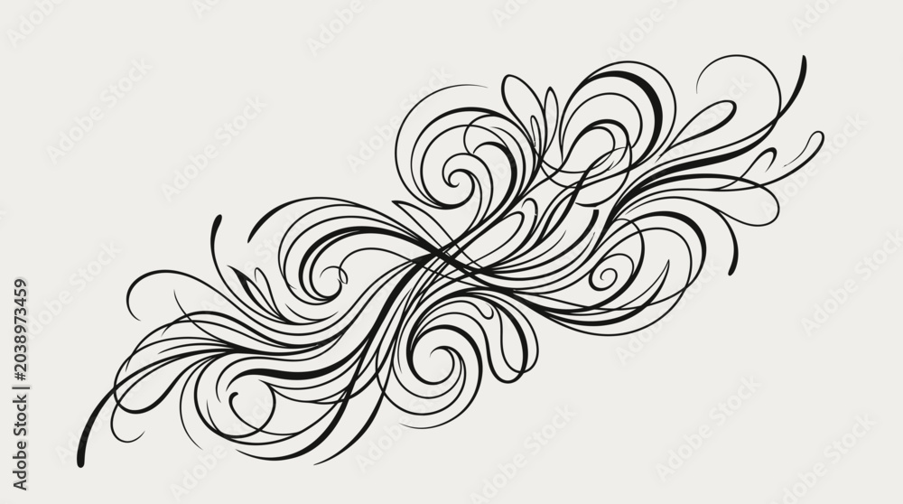 Fototapeta premium Elegant Swirl Flourish Ornament - Black Ink Design on Light Background