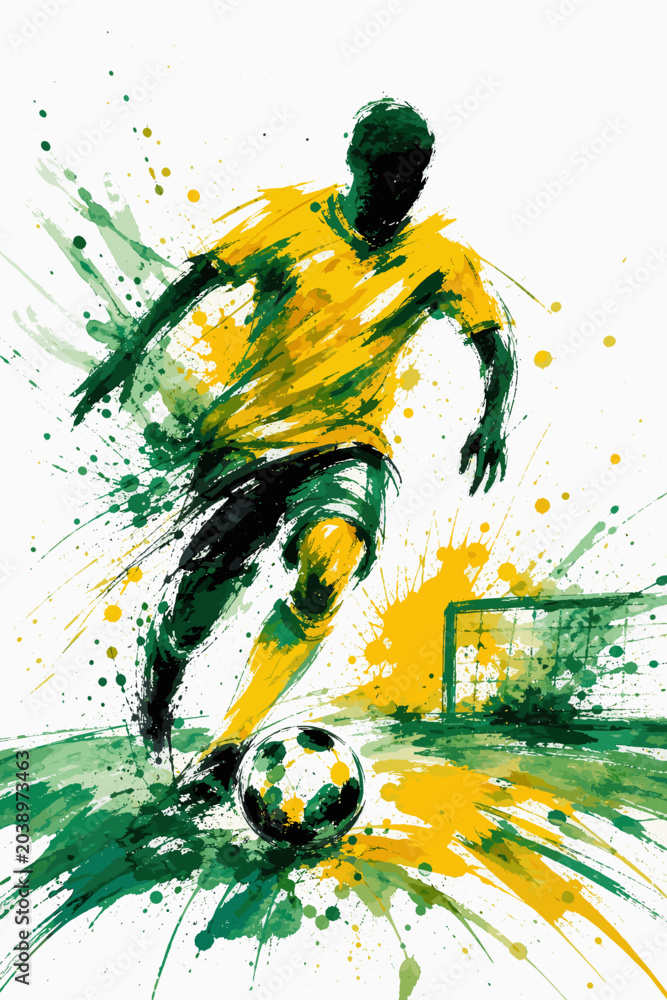 Naklejka premium South Africa national football team wallpaper, banner, poster, background. South Africa national team colors on dynamic soccer player kicking a ball with watercolor paint splatters