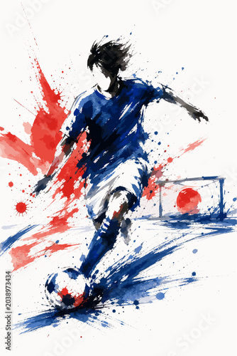 Japan national football team wallpaper, banner, poster, background. Japan national team colors on dynamic soccer player kicking a ball with watercolor paint splatters