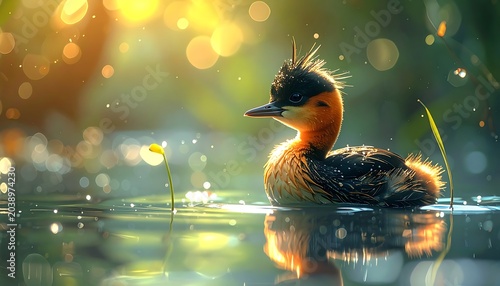 Duckling swims in sunlit water, bokeh glistening around it