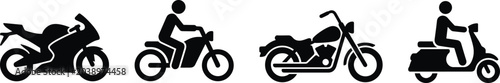 Photos Black motorcycle and scooter silhouette icon set featuring riders sport bike cruiser and moped for transportation design