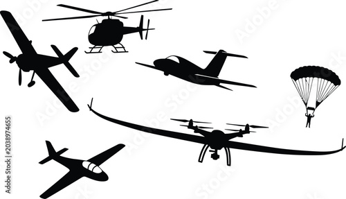 Set of aircraft silhouettes including planes and helicopter