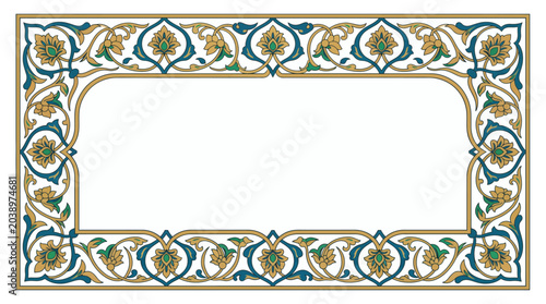Ornate floral frame with traditional arabic patterns in gold and teal