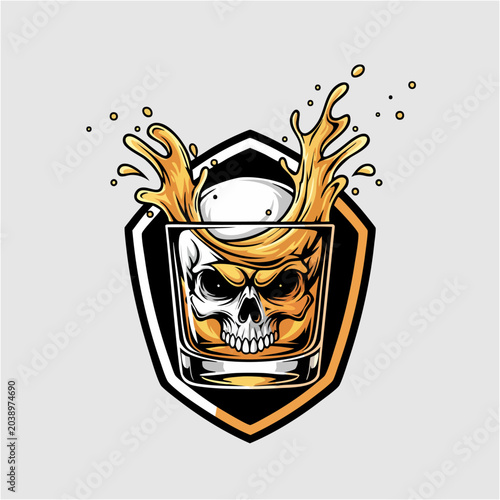 Skull in Whiskey Glass with Splash Shield Badge Logo Vector Illustration
