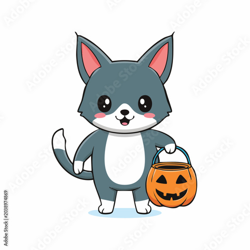 Cute cartoon cat holding a Halloween pumpkin bucket