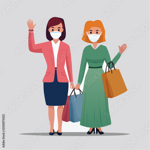Two Women Wearing Face Masks Shopping with Bags