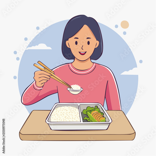 Woman eating rice with chopsticks from a bento box