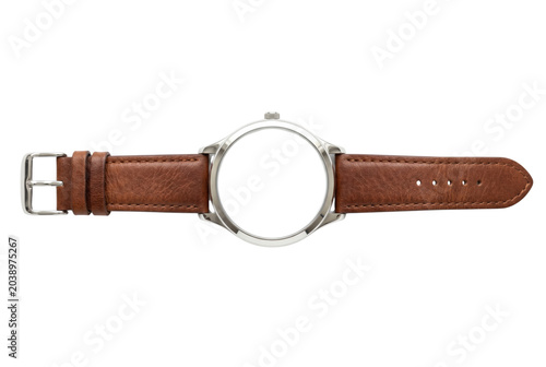Foto Silver watch case with brown leather strap mockup