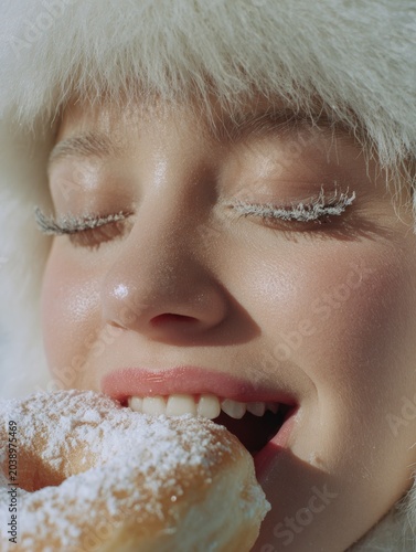 A photograph of a blond woman with thin lips eating a powdered sugar doughnut, posing next to a girl wearing a fluffy white fur hat. The scene captures a candid, cozy winter lifestyle moment.