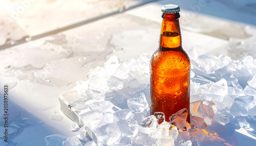 Beer bottle on ice cubes