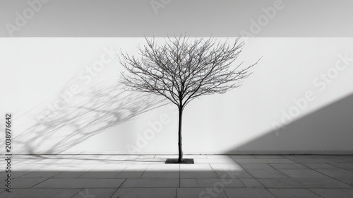 Bare tree creating light and shadow contrast on modern wall