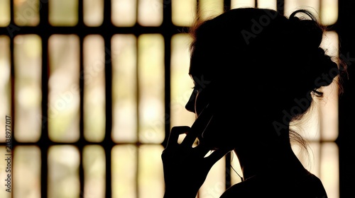 Woman talking on phone, silhouette against window