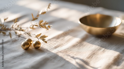 Golden decorative elements on linen tablecloth with warm light