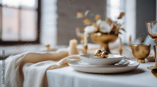 Elegant festive table setting with golden decor for celebration