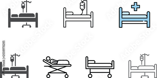 Tableau sur toile Hospital bed vector icon set featuring medical clinic symbols infusion stand patient stretcher and healthcare linear designs