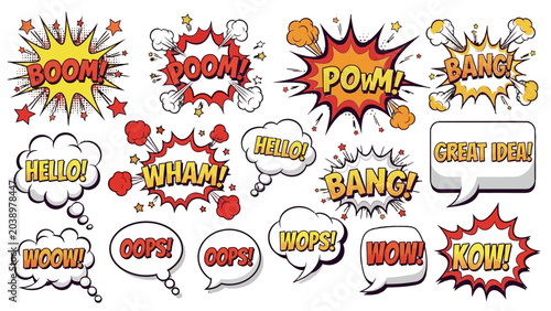 Tableau sur toile Collection of colorful comic book style speech bubbles and explosion sound effects with various exclamations and words on a white background