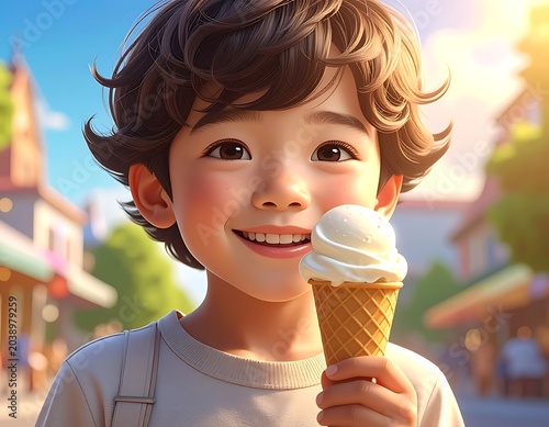 Happy boy eats ice cream