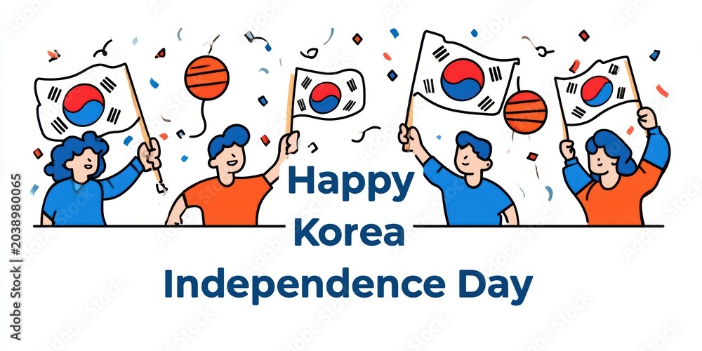 Fototapeta premium celebratory postcard, festive illustrated postcard for south korea independence day, featuring a playful seoul street celebration, vibrant colors, and cheerful characters with taegukgi flags