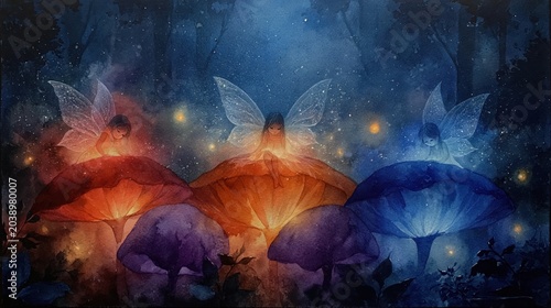Three glowing fairies illuminated on mushroom caps at night