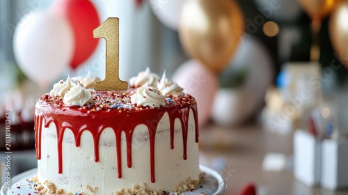 First birthday celebration cake with red drip icing and number one topper for festive party decor