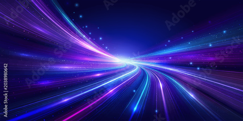 Foto Abstract speed trails and light streaks in vibrant purple and blue hues illuminate a dark, cosmic background, creating a sense of dynamic movement and futuristic energy