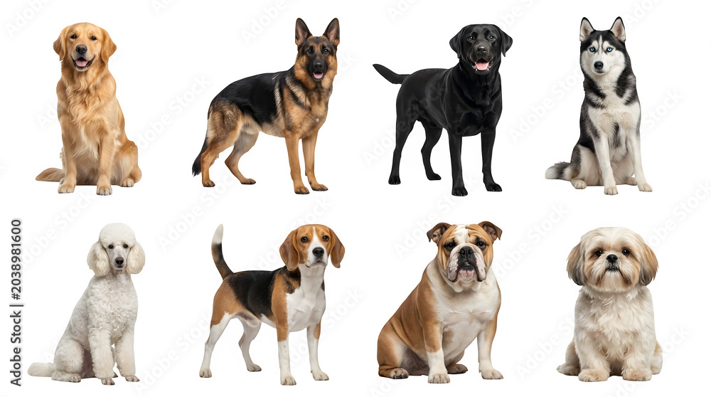 Fototapeta premium Set of popular dog breeds including retriever, shepherd, husky, poodle, beagle, bulldog isolated on transparent background