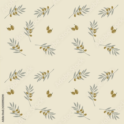 Seamless Olive Branch Pattern on cream Background