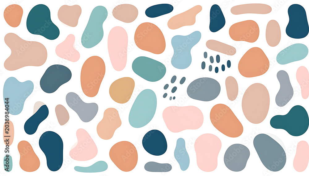 Fototapeta premium Abstract organic shapes and simple patterns in muted earth tones, playful irregular blobs and lines